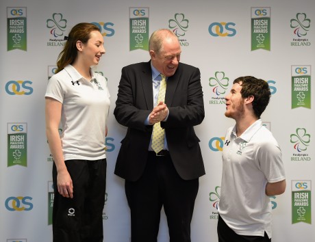 21 January 2016; OCS Limited announced as sponsors of the 2016 Irish Paralympic Team and the 2016 OCS Irish Paralympic Awards. Pictured at the announcement is Michael Ring, T.D., Minister of State for Tourism & Sport, with Ellen Keane and James Scully, both Paralympic Ireland swimmers. OCS Limited, Airways Industrial Estate, Dublin. Picture credit: Stephen McCarthy / SPORTSFILE *** NO REPRODUCTION FEE ***