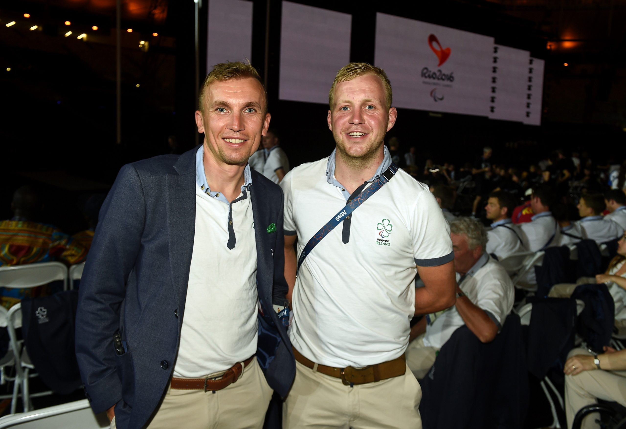 18 September 2016; Team Ireland cyclists Marcin Mizgajski, left, and Peter Ryan at the Rio 2016 Paralympic Games Closing Ceremony at the Maracana Stadium during the Rio 2016 Paralympic Games in Rio de Janeiro, Brazil. Photo by Diarmuid Greene/Sportsfile *** NO REPRODUCTION FEE ***