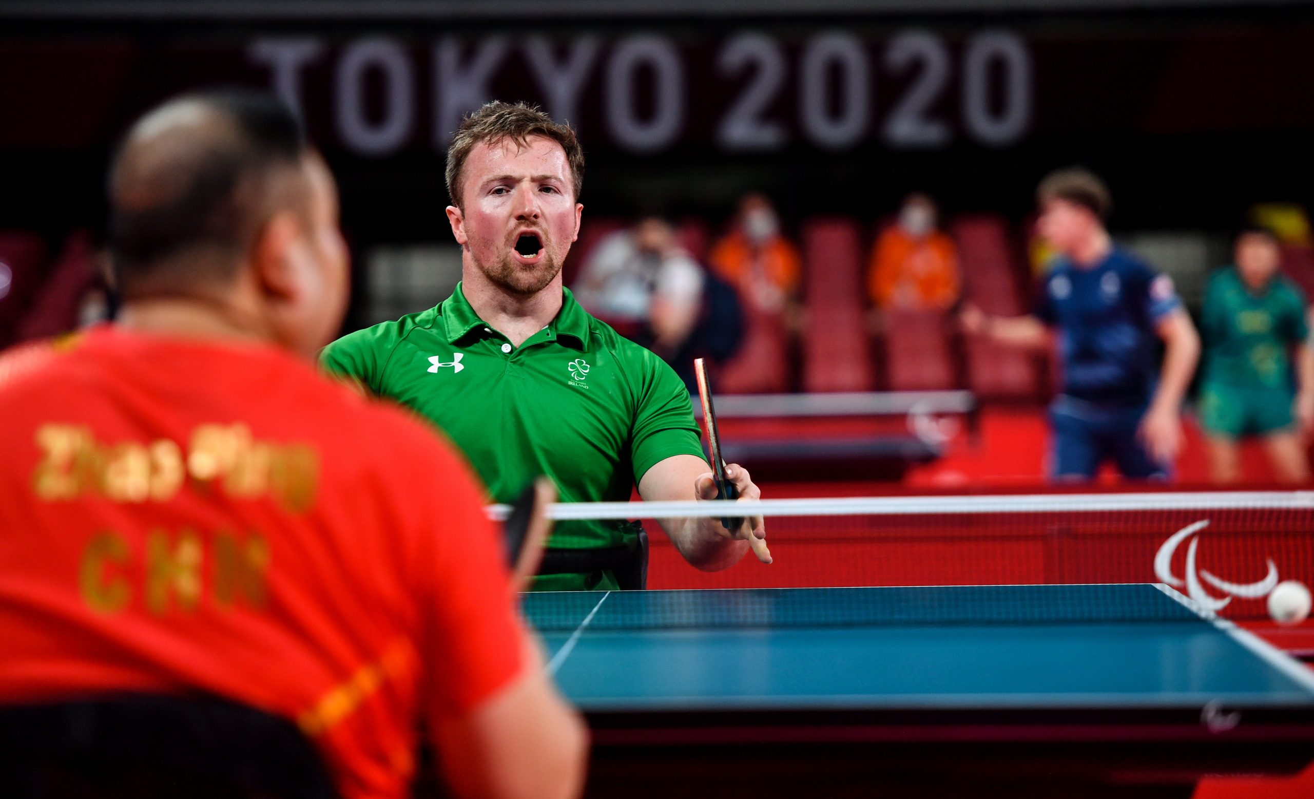 25 August 2021; Colin Judge of Ireland celebrated winning a point whilst competing in his C3 Men's Singles Table Tennis Qualifying Group G match against Ping Zhao of China at the Tokyo Metropolitan Gymnasium on day one during the Tokyo 2020 Paralympic Games in Tokyo, Japan. Photo by Sam Barnes/Sportsfile *** NO REPRODUCTION FEE ***