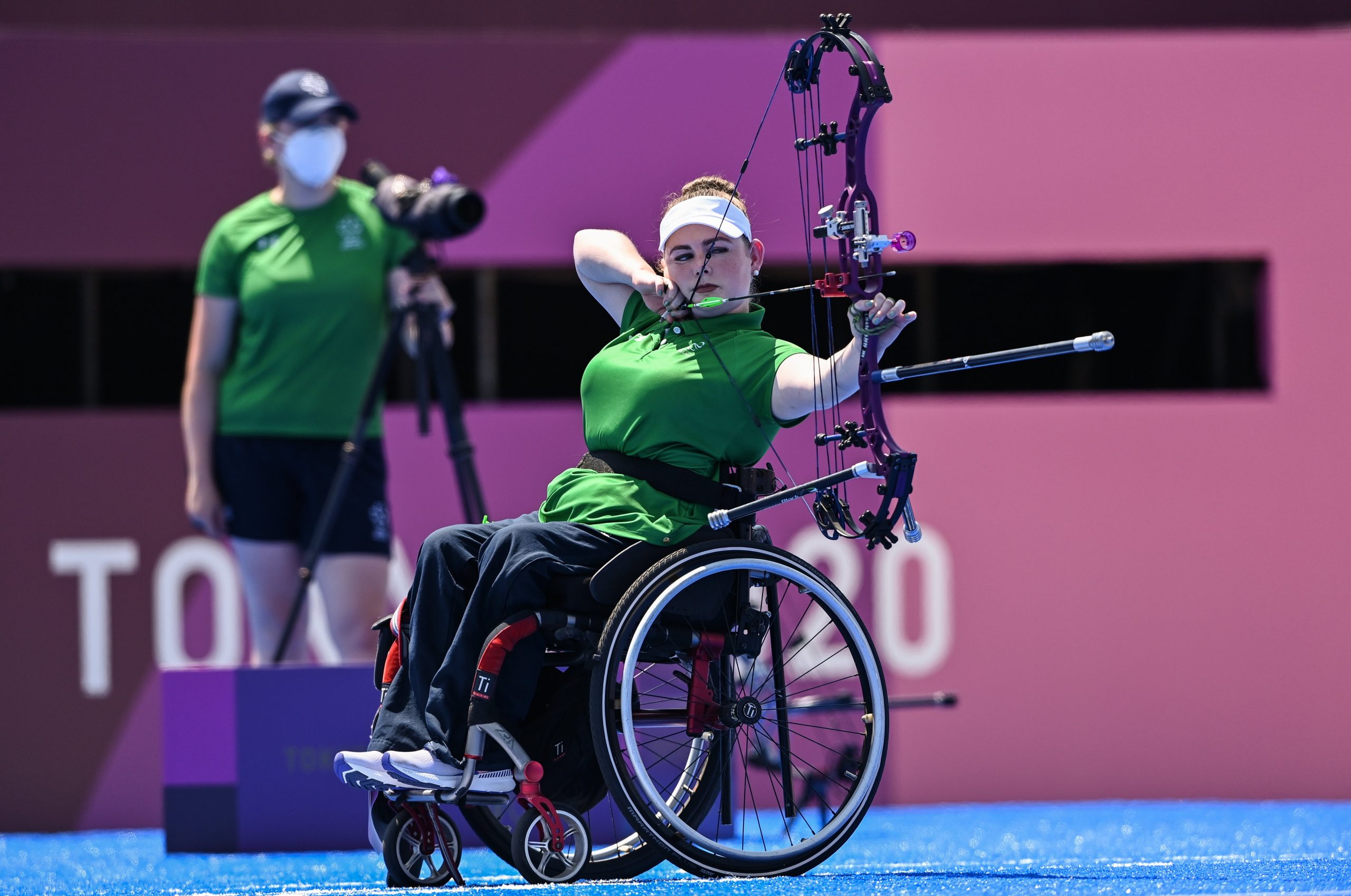 30 August 2021; Kerrie Leonard of Ireland competing in the W2 Compound Women's Open 1/8 Elimination Round against Stepanida Artakhinova of Russian Paralympic Committee at the Yumenoshima Park Archery Field on day six during the Tokyo 2020 Paralympic Games in Tokyo, Japan. Photo by Sam Barnes/Sportsfile *** NO REPRODUCTION FEE ***