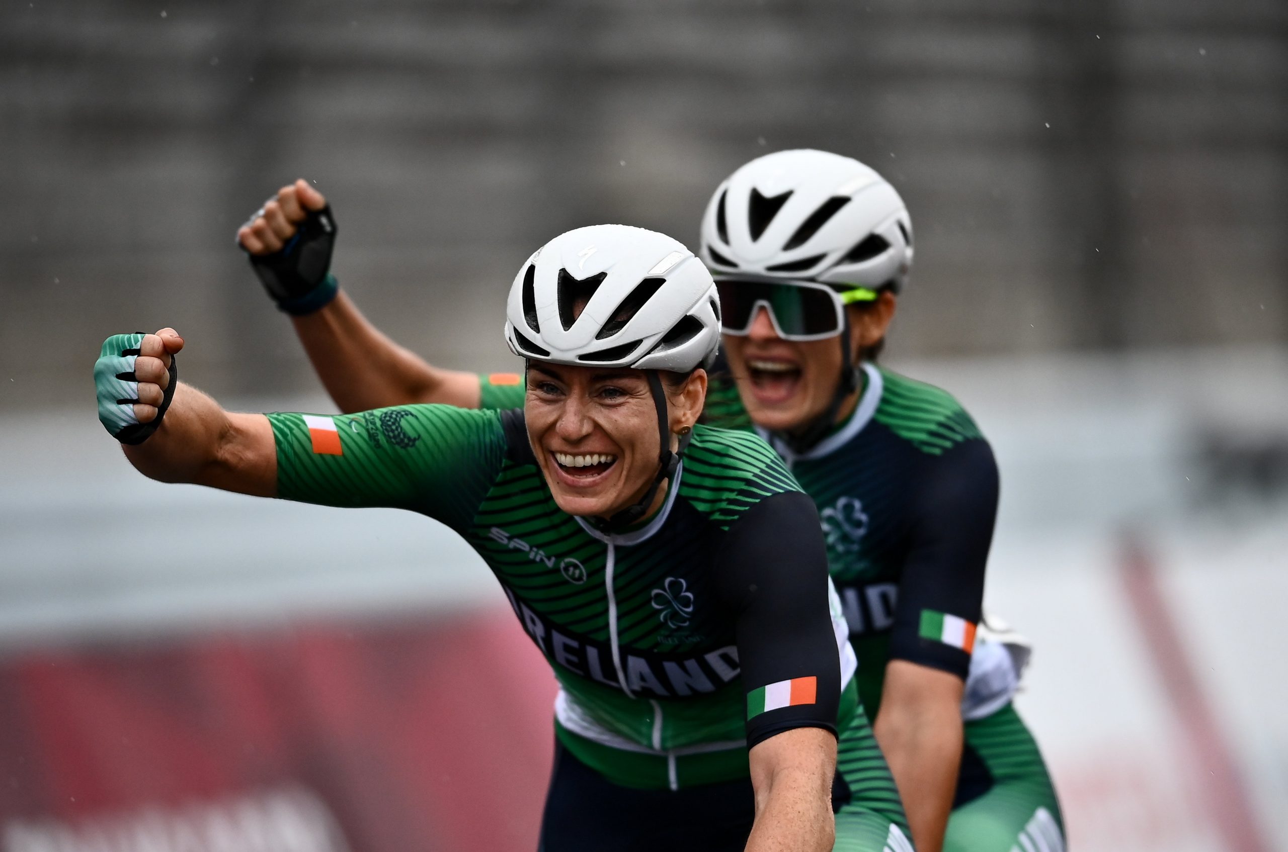 3 September 2021; Eve McCrystal, pilot, and Katie George Dunlevy, stoker, of Ireland celebrate winning gold as they cross the line in the Women's B road race at the Fuji International Speedway on day ten during the 2020 Tokyo Summer Olympic Games in Shizuoka, Japan. Photo by David Fitzgerald/Sportsfile *** NO REPRODUCTION FEE ***