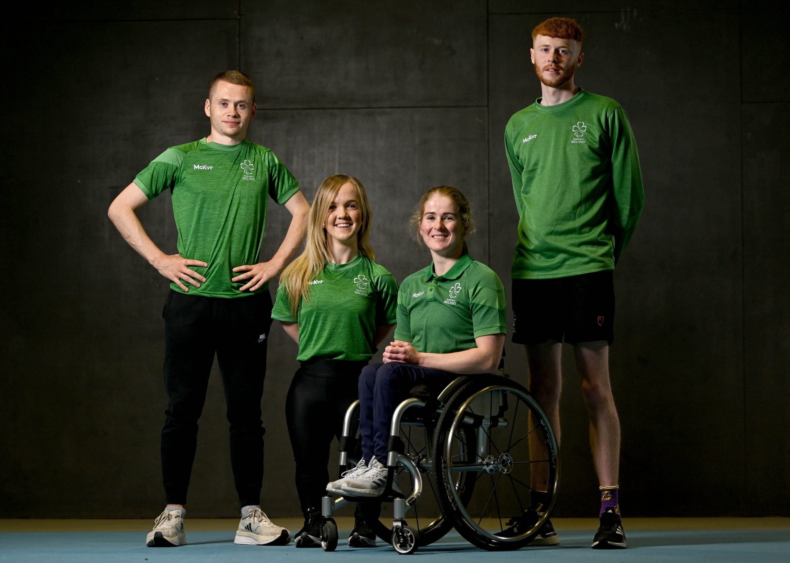 8 June 2023; Athletes, from left, Cathal Ryan, Mary Fitzgerald, Shauna Bocquet and Aaron Shorten during the Paralympics Ireland Team announcement at Sport Ireland Institute in Dublin. Photo by David Fitzgerald/Sportsfile *** NO REPRODUCTION FEE ***