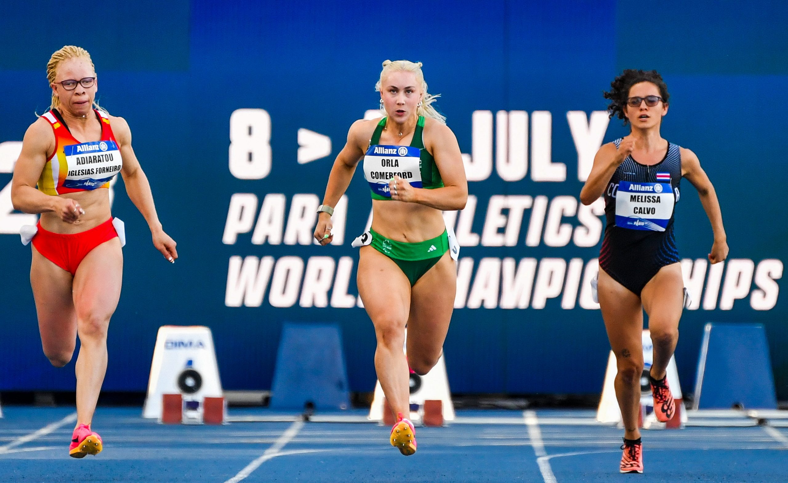 10 July 2023; Orla Comerford of Ireland, centre, competes in the final of the 100m T13 on day three of the World Para Athletics Championships 2023 at Charléty Stadium in Paris, France. Photo by Sandra Ruhaut/Sportsfile *** NO REPRODUCTION FEE ***