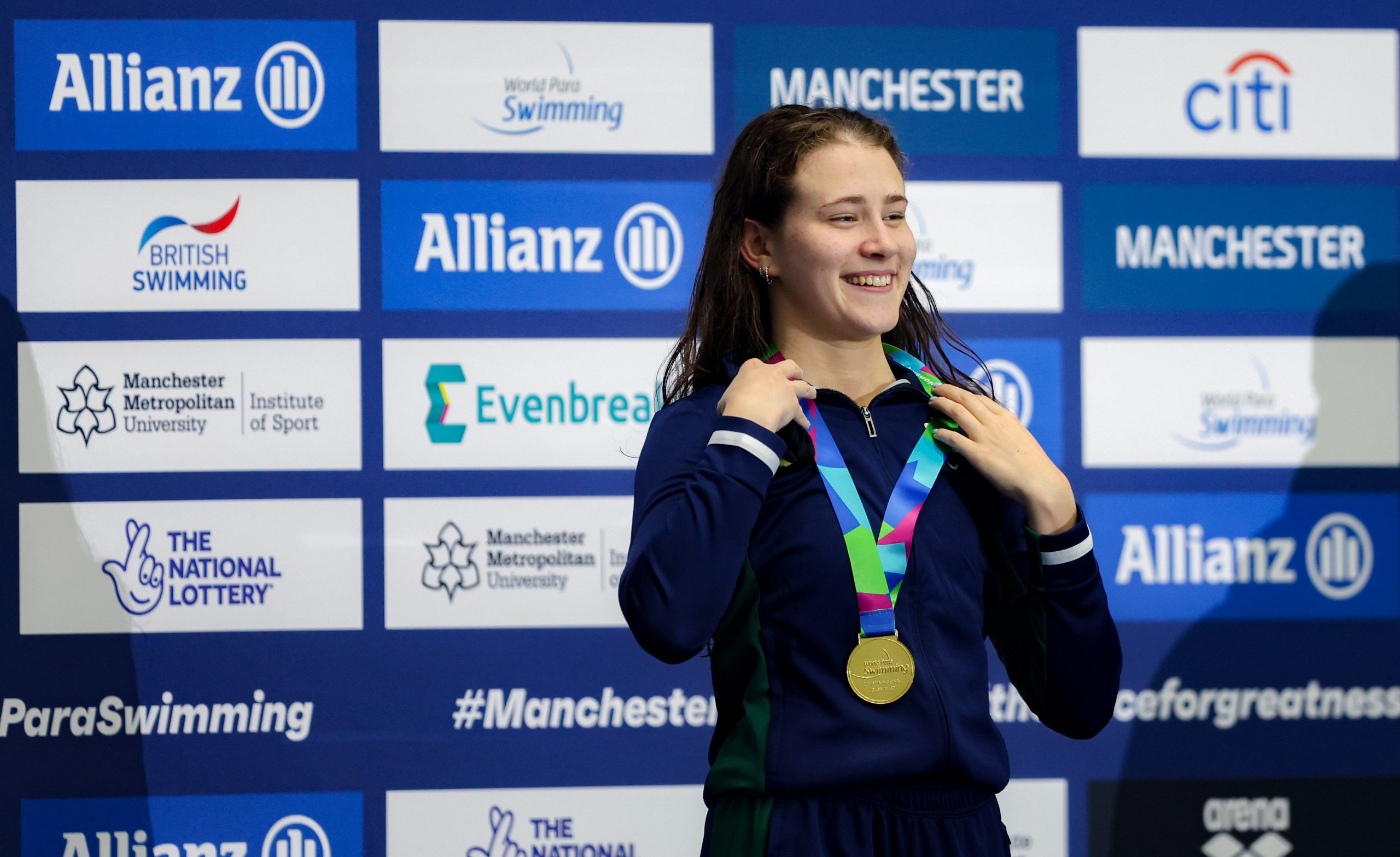 3 August 2023; Roisin Ni Riain of Ireland with her Gold medal after winning the Women's 100m Backstroke S13 Final during day four of the World Para Swimming Championships 2023 at Manchester Aquatics Centre in Manchester. Photo by Paul Greenwood/Sportsfile *** NO REPRODUCTION FEE ***