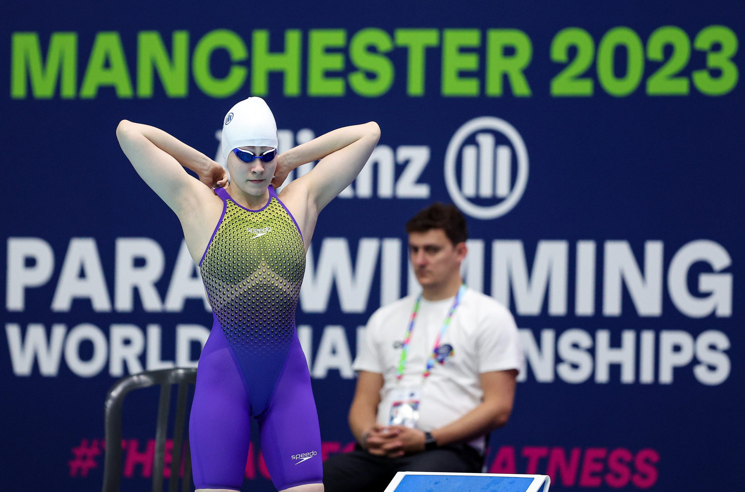 5 August 2023; Roisin Ni Riain of Ireland before competing in the Women's 400m Freestyle S13 heats during day six of the World Para Swimming Championships 2023 at Manchester Aquatics Centre in Manchester. Photo by Paul Greenwood/Sportsfile *** NO REPRODUCTION FEE ***