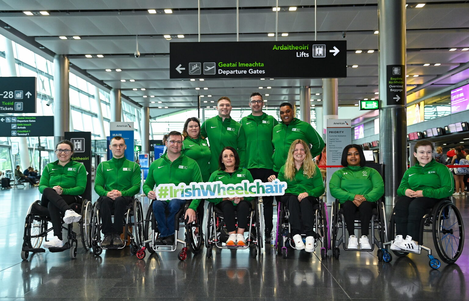 18 August 2023; Attendees, back row, from left, Aileen Buckley, from Ballydesmond in Cork, Sean Hughes, from Dunboyne in Meath, Tadhg Buckey, from Ballydesmond in Cork, and Denver Arendse, from Mullagh in Cavan, and front row, from left, Casey Fitzgerald, from Mullagh in Cavan, Ruairí Devlin, from Kinsale in Cork, Rory Guerin, from Tralee in Kerry, Angela Long, from Togher in Cork, Nicola Dore, from Kilcornan in Limerick, Britney Arendse, from Mullagh in Cavan, and Niamh Buckley, from Ballydesmond in Cork, pictured at Dublin Airport as Irish Wheelchair Association Sport sends largest Irish Para Powerlifting Team to the 2023 World Championships in Dubai. Photo by Piaras Ó Mídheach/Sportsfile *** NO REPRODUCTION FEE ***
