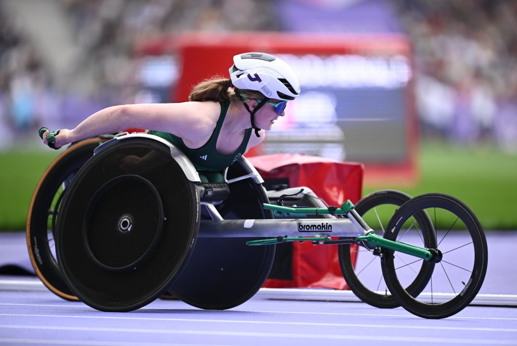 Wheelchair athlete Shauna Bocquet racing at the Paris 2025 Games