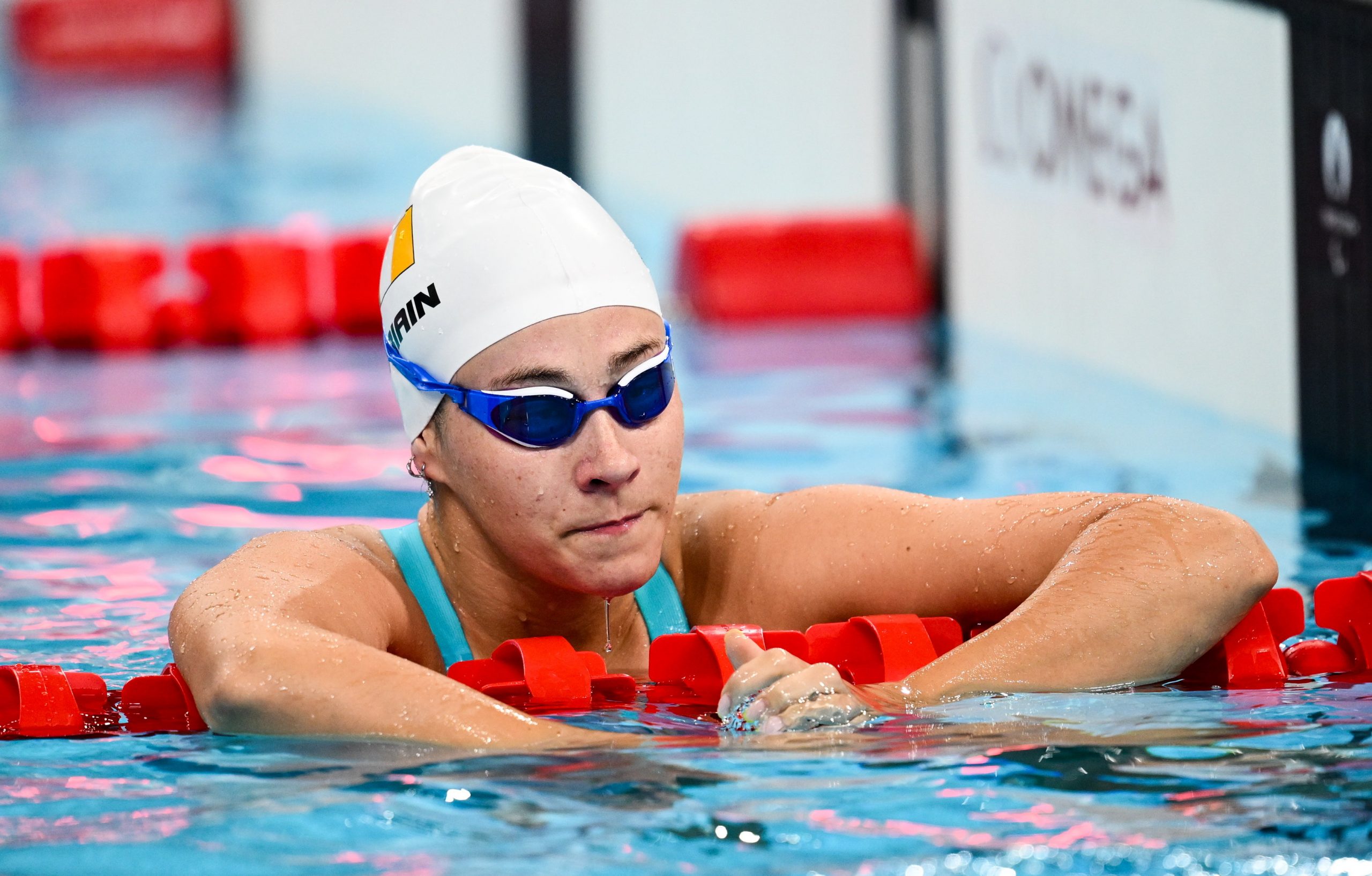 5 September 2024; Róisin Ní Riain of Ireland reacts after finishing fourth in the women's SB13 100m breaststroke finals on day eight of the Paris 2024 Paralympic Games at La Defense Arena in Paris, France. Photo by Ramsey Cardy/Sportsfile *** NO REPRODUCTION FEE ***