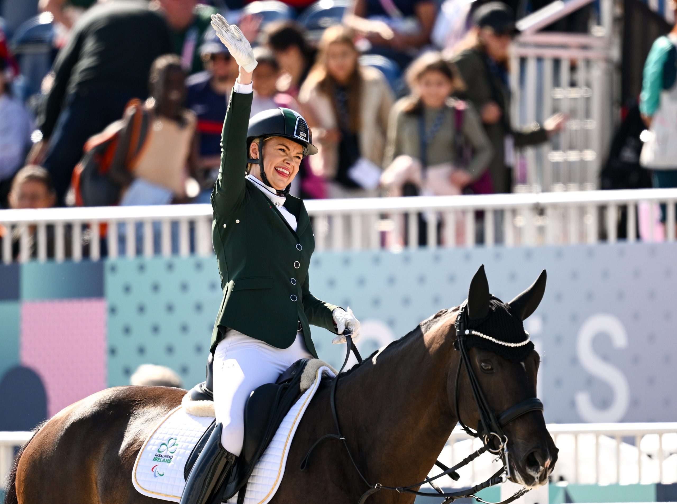 6 September 2024; Sarah Slattery of Ireland on Savona during the Grade V team event on day nine of the Paris 2024 Paralympic Games at Château de Versailles in Paris, France. Photo by Ramsey Cardy/Sportsfile *** NO REPRODUCTION FEE ***