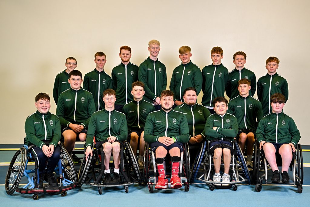 Paralympics Ireland Athletes, front row from left, Oran Spain, Wheelchair Basketball, Conor Dufficy, Wheelchair Basketball, Oisin O'Connor, Wheelchair Basketball, Ethan Leonard, Wheelchair Basketball, Darragh O'Regan, Wheelchair Basketball, Jack Quinn, Wheelchair Basketball, Conor Coughlan, Wheelchair Basketball, Rory Motherway, Wheelchair Basketball, and Kevin O'Callaghan, Para Table Tennis, with back row from left, Aaron Mellows, Para Table Tennis, Jude Sheldon, Para Table Tennis, Sean Geoghegan, Para Table Tennis, Damien Moyles, Para Athletics, Sam Brennan, Para Table Tennis, Luke Brennan, Para Swimming, Aryell Sheedy, Para Athletics and Luke O'Donoghue, Para Swimming, during the European Youth Games 2025 Team Photo Shoot at the Sport Ireland Institute on the Sport Ireland Campus, Dublin. All wearing green Paralympics Ireland's tops