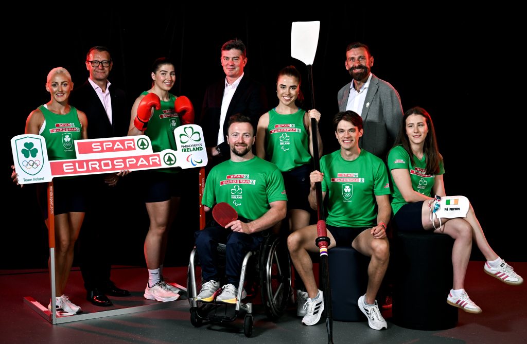 Olympic and Paralympic athletes pose with props for a group photo with Paralympics Ireland and Olympic Federation of Ireland CEOs and representatives of SPAR and EUROSPAR at a partnership announcement in Dublin.