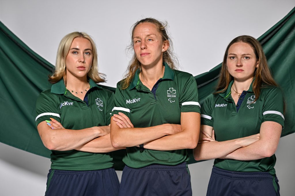 Orla Comerford, Greta Streimikyte and Lana Sutton, pictured at the Sport Ireland Institute on the Sport Ireland Campus in Dublin. Green Irish kit all looking serious with arms folded.