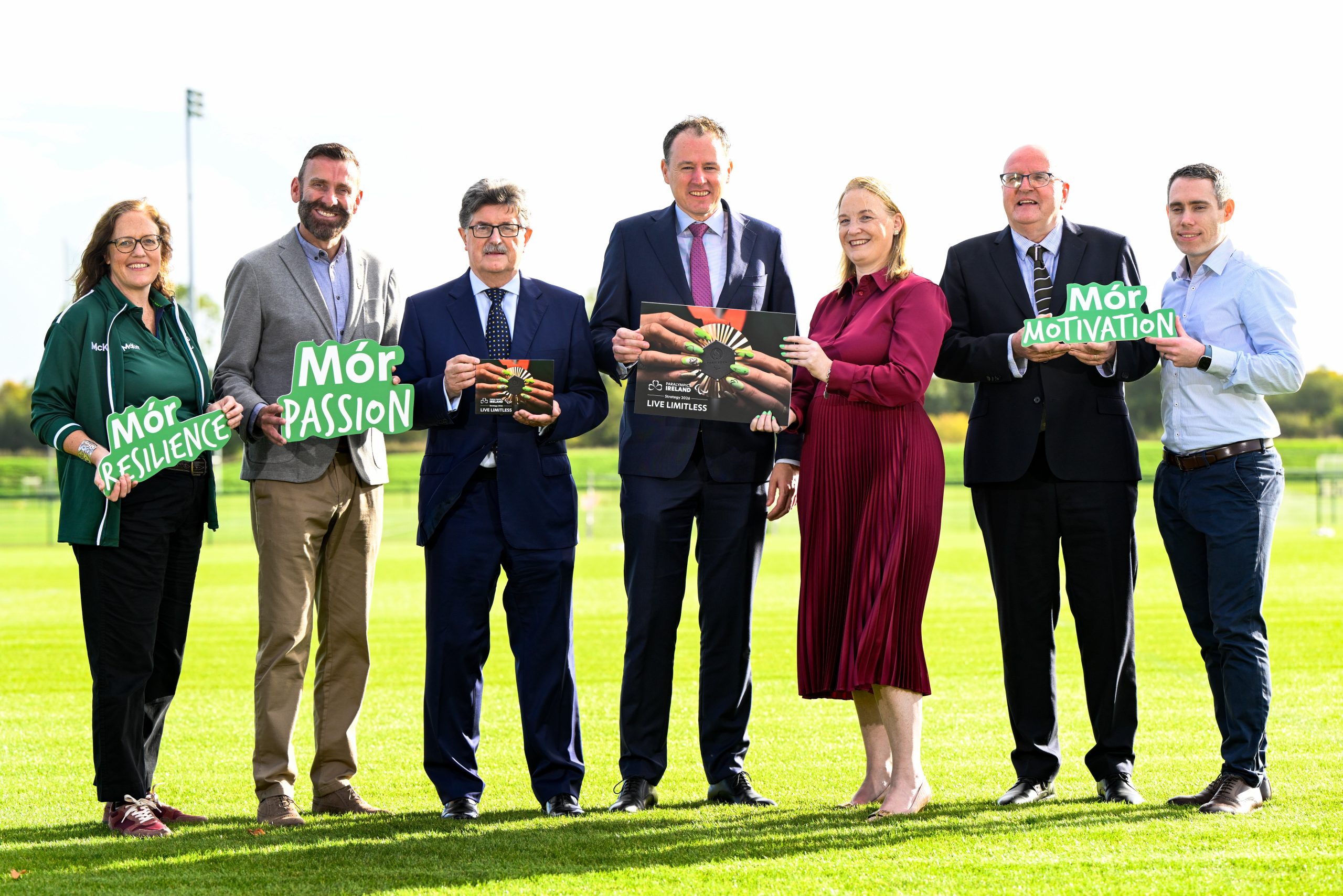 30 September 2026; At the Sport Ireland Disability Sports forum on the Sport Ireland Campus were, from left, Neasa Russell of Paralympics Ireland, CEO Paralympics Ireland Stephen McNamara, Chairperson Sport Ireland John Foley, Minister of State at the Department of Culture, Communications and Sport, Charlie McConalogue TD, President Paralympics Ireland Lisa Clancy, Director of High Performance and National Governing Bodies Paul McDermott, and Paralympics Ireland Strategy Consultant Jason Smyth. Photo by Eakin Howard/Sportsfile *** NO REPRODUCTION FEE ***