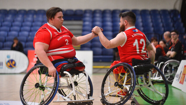 24 January 2020; Jack Quinn, left, and Alan Dineen of Rebel Wheelers during the Hula Hoops IWA Wheelchair Basketball Cup Final match between Killester WBC and Rebel Wheelers at the National Basketball Arena in Tallaght, Dublin. Photo by Daniel Tutty/Sportsfile *** NO REPRODUCTION FEE ***