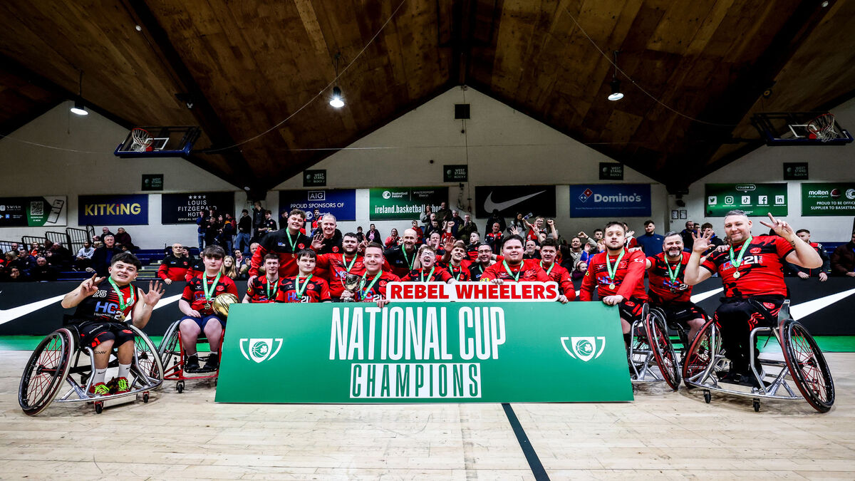 REPRO FREE ***PRESS RELEASE NO REPRODUCTION FEE*** EDITORIAL USE ONLY
Irish Wheelchair Association National Cup Final, National Basketball Arena, Tallaght, Dublin 16/1/2026
Rebel Wheelers vs South East Swifts WCB
Rebel Wheeler's celebrate with the cup 
Mandatory Credit ©INPHO/Nick Elliott