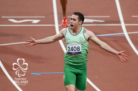 7 September 2012; Ireland's Jason Smyth, from Eglinton, Co. Derry, celebrates after winning gold the men's 200m - T13 final. London 2012 Paralympic Games, Athletics, Olympic Stadium, Olympic Park, Stratford, London, England. Picture credit: Brian Lawless / SPORTSFILE *** NO REPRODUCTION FEE ***