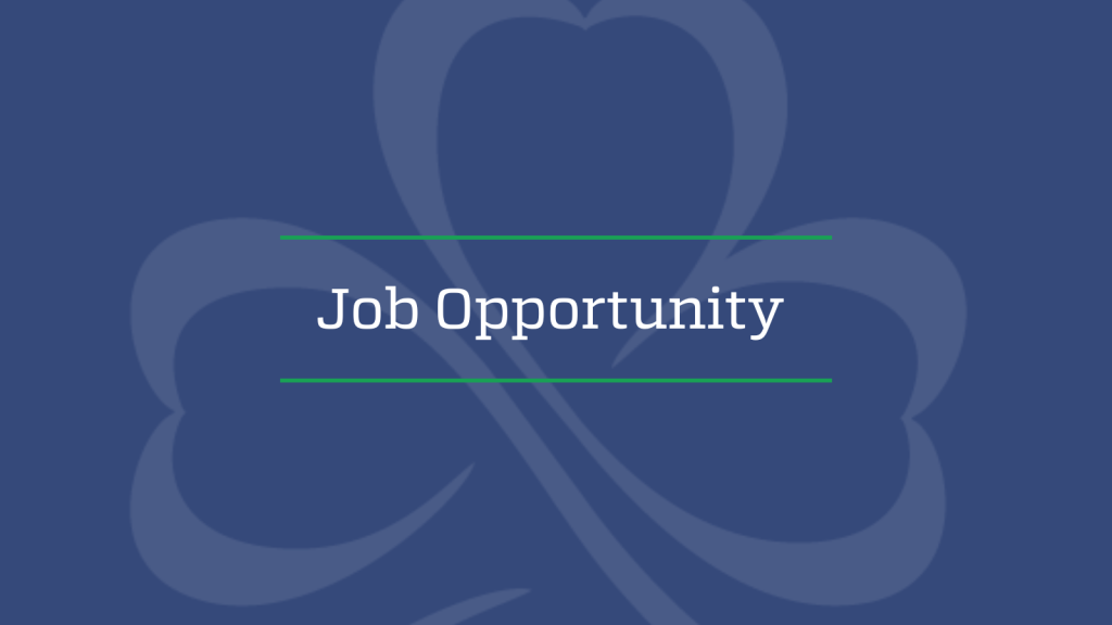 Purple image of a faded shamrock on a purple background with the words Job Opportunity on the front.