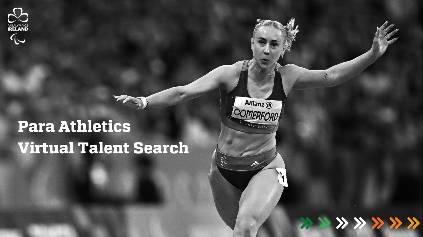 A black and white photo of Orla Comerford in Team Ireland running suit and the words Para Athletics Virtual Talent Search in the foreground