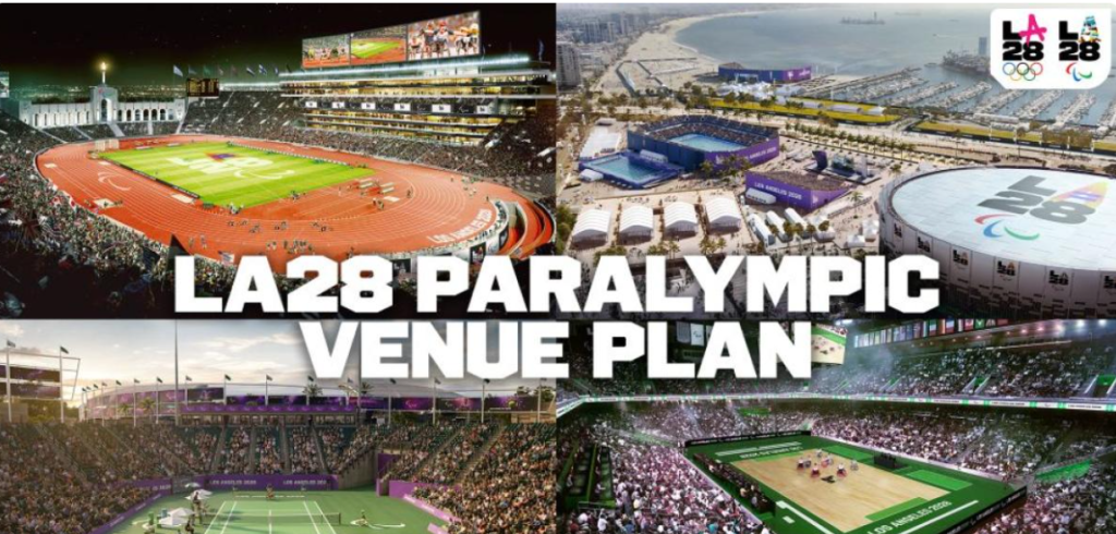 Rendering of what the LA28 Paralympic Venue Plan will potentially look like for Para athletics, Para rowing, Wheelchair tennis and Wheelchair basketball