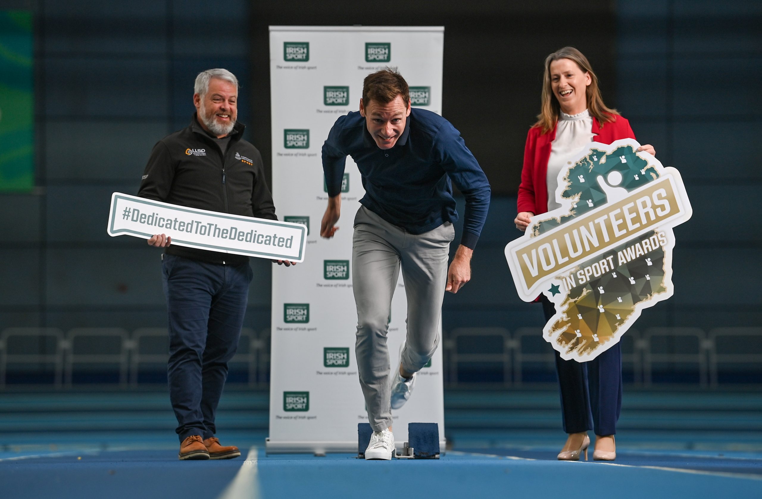 13 November 2023; Olympian David Gillick, centre, with Mary O'Connor, Chief Executive Officer of the Federation of Irish Sport and Graham Russell, Head of Sport at Louth Sports Partnership in attendance to launch the Volunteers in Sport Awards at the Sports Campus in Dublin. Photo by David Fitzgerald/Sportsfile *** NO REPRODUCTION FEE ***