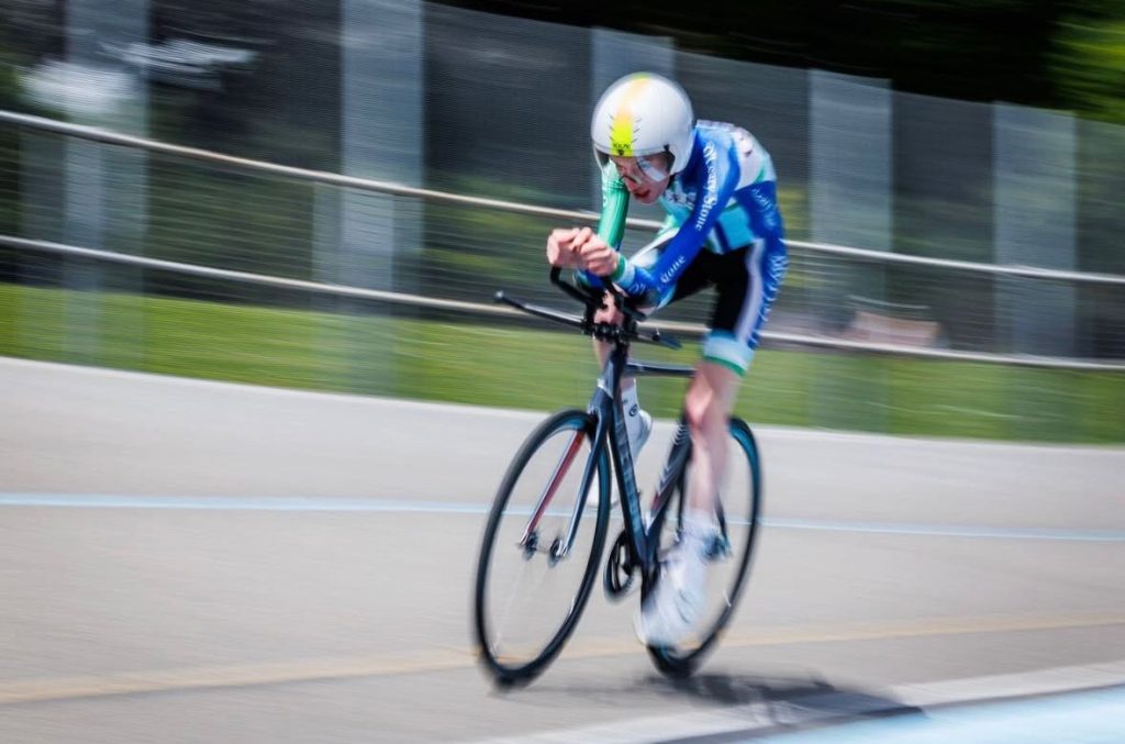 Irish Para cyclist on the track during the 2025 Para Track National Championships