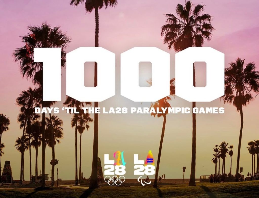 A picture of an LA Beach overlaid with wording saying 1000 days to go to Paralympic Games LA28
